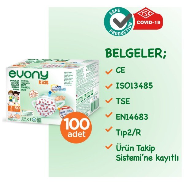 Evony Çocuk Maskesi 50 Adet